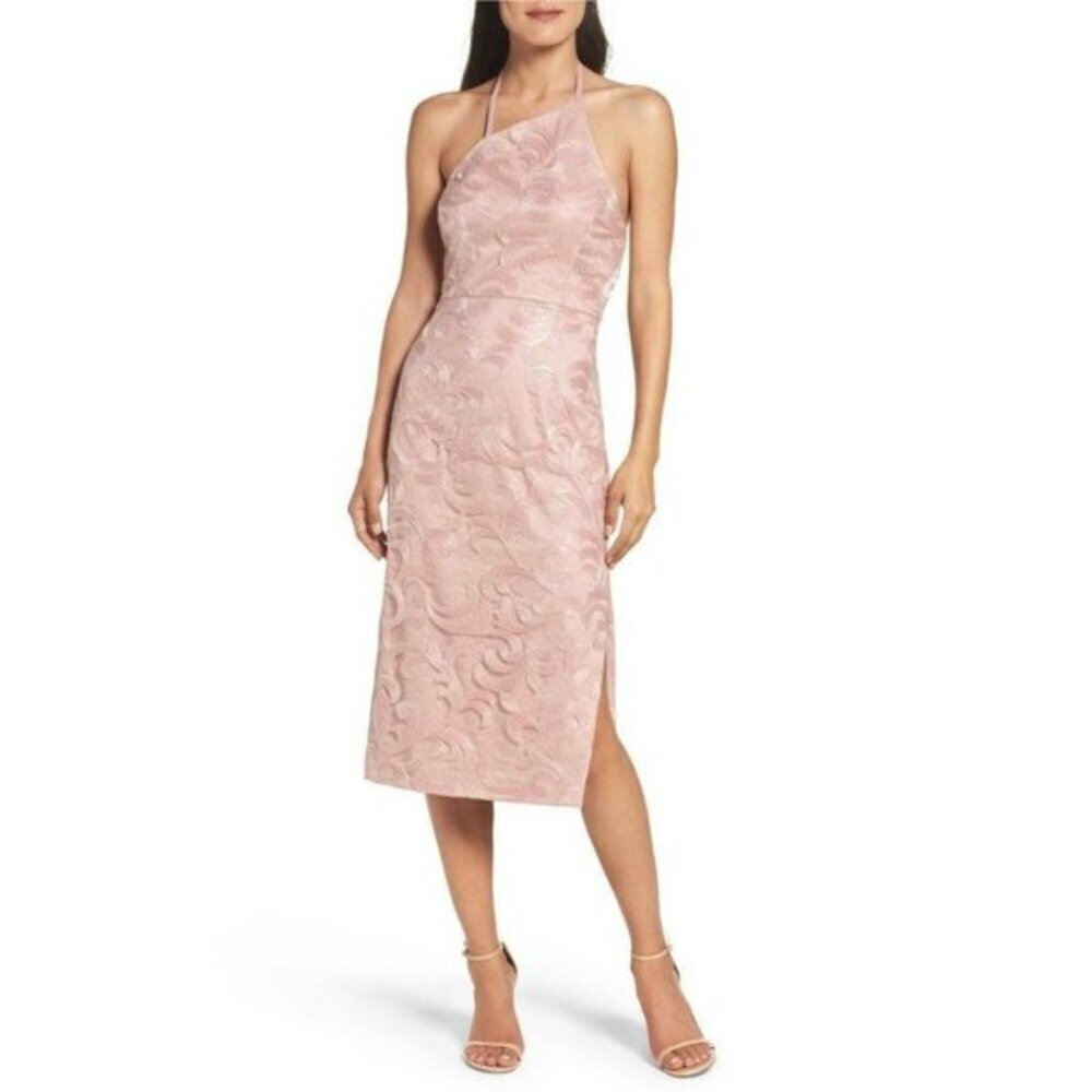Vera Wang Asymmetric Sequin Lace Blush Midi Dress
